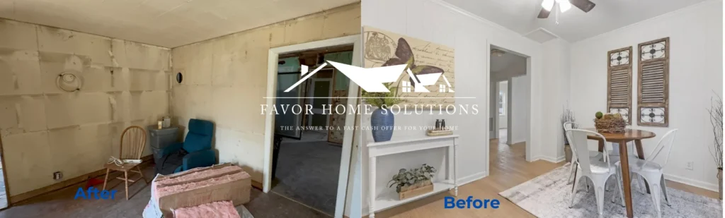 Before and after of a house sold to Favor Home Solutions and renovated beautifully
