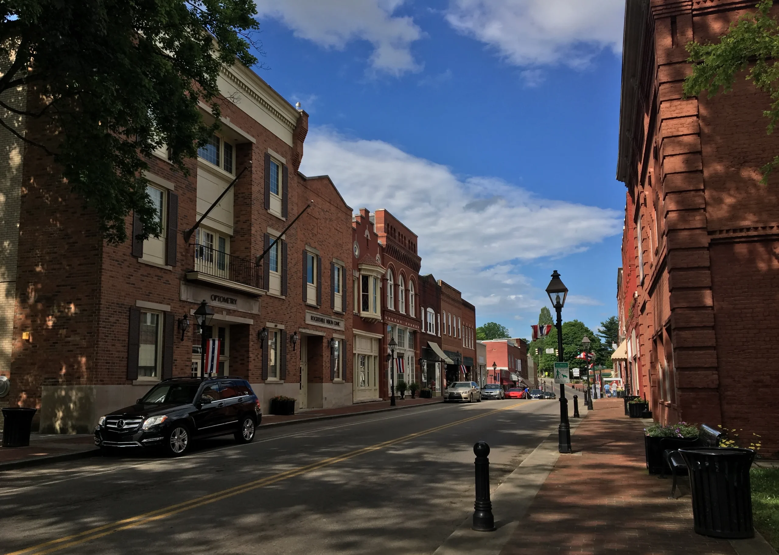 Historic Main Street in Rogersville, Tennessee, showcasing preserved 18th-century architecture and vibrant local shops.