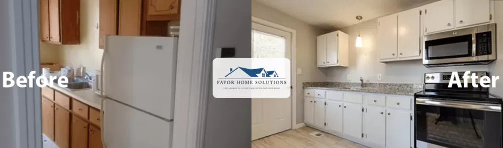 Before and after image of a kitchen sold as-is then renovated