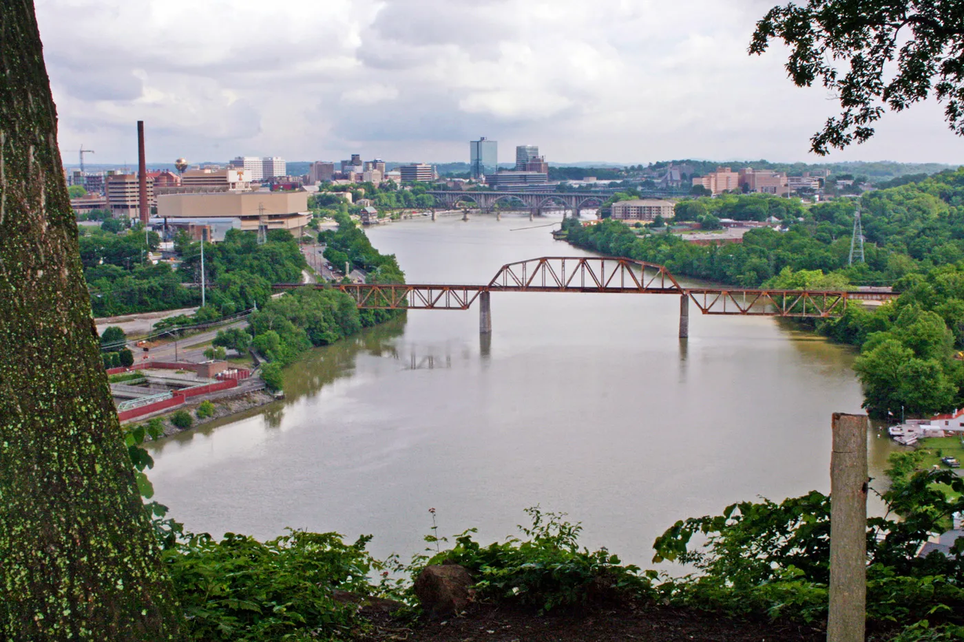 Bridge over the South Fork Holston River in Bluff City, Tennessee, surrounded by lush greenery.